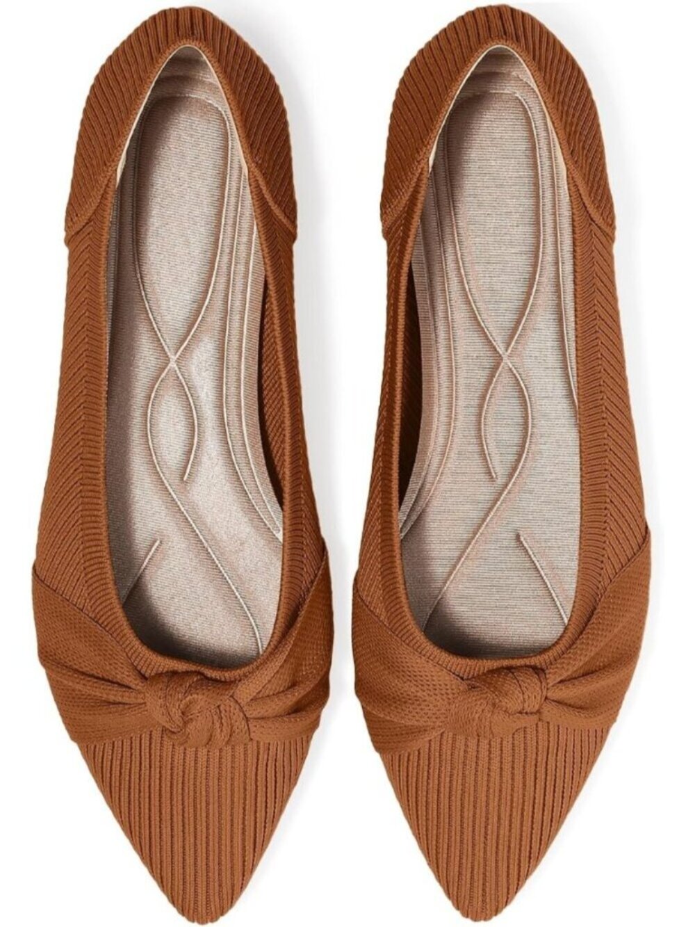 Women's Brown Pointed Toe Knit Washable Ballet Flat Comfortable Dress Shoes